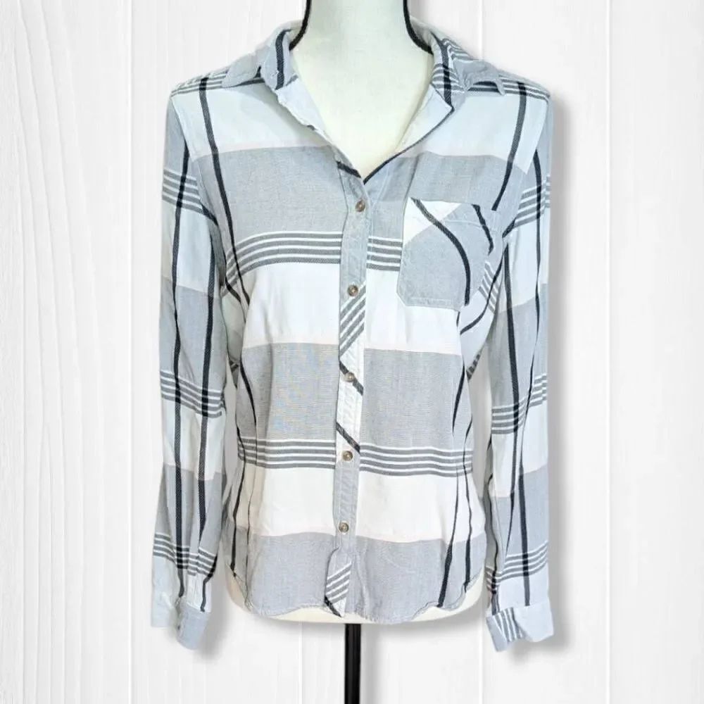 Universal Thread Tops Button Down White and Gray Plaid Women's Small